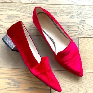 Cole Haan Red Velvet Pointed Toe Flats With Sparkly Heel
